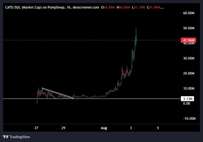 A TradingView 1-hour chart of $CATE/SOL on PumpSwap shows its market cap surging from a $3.13M baseline to a high of $44.90M before settling around $41.96M, visually illustrating the post's claim of the token pumping roughly 13x over the weekend from late July into early August.