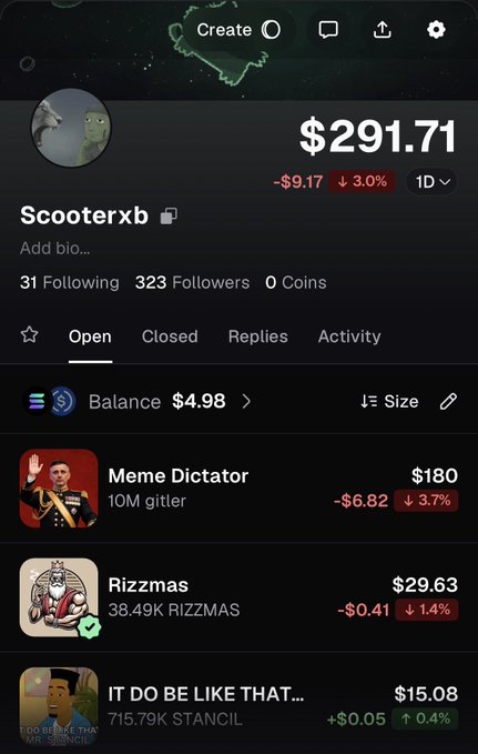A screenshot of a cryptocurrency/trading app profile for 'Scooterxb' shows a balance of $291.71, with holdings including 'Meme Dictator' at $180 and 'Rizzmas' at $29.63.