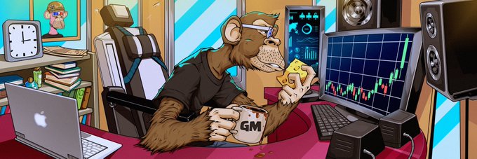 Cartoon illustration of a monkey in sunglasses trading cryptocurrency on multiple monitors, holding an apple and a GM mug.