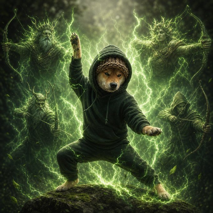 A shiba Inu in a green hoodie strikes a kung fu pose on a mossy rock, surrounded by four green-hued mystical forest archers and crackling magical energy, fittingly evoking the canine warrior spirit of the DOGWIFHOOD ($WIFH) community expanding its reach to the Spanish-speaking community via t.me/DOGWIFHOOD_SPA.
