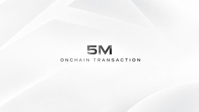 A minimalist graphic with a white background displaying the text '5M ONCHAIN TRANSACTION' in bold, dark letters.