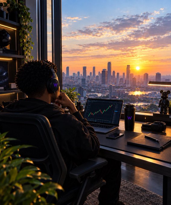 A person wearing purple headphones works on a trading laptop displaying a stock chart, overlooking a city skyline at sunset with a desk plant and a tumbler nearby.