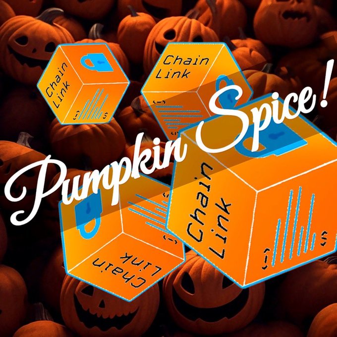 A Halloween-themed promotional graphic featuring orange boxes labeled 'Chain Link' scattered across a pile of pumpkins, with the text 'Pumpkin Spice!' overlaid in white script.