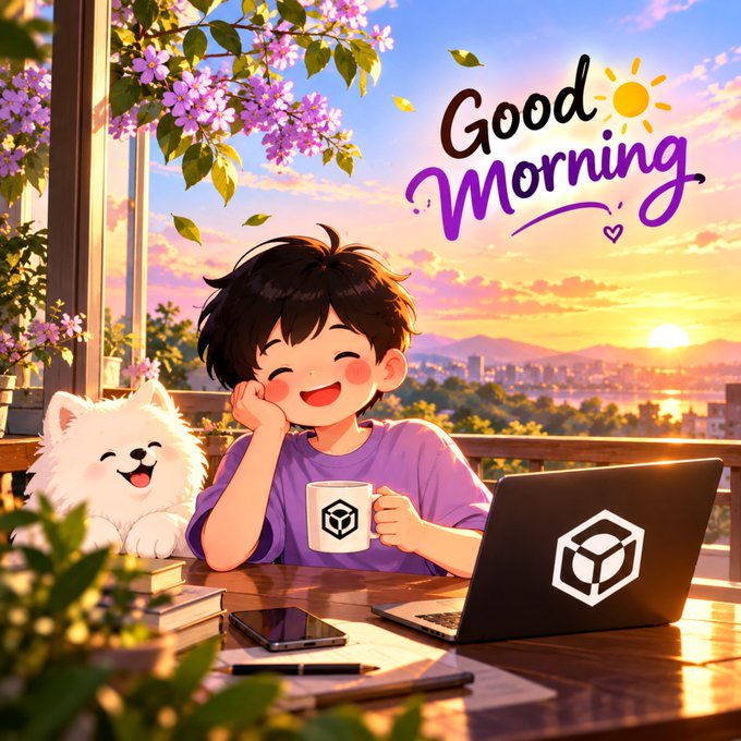 An anime-style illustration of a cheerful boy with a white fluffy dog at a desk with a laptop and coffee mug, with 'Good Morning' text in the sky at sunrise.