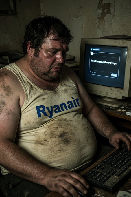 A tired, sweaty man wearing a dirty Ryanair tank top sits at an old computer, where the screen shows a search for '0 world cups vs 0 world cups'.