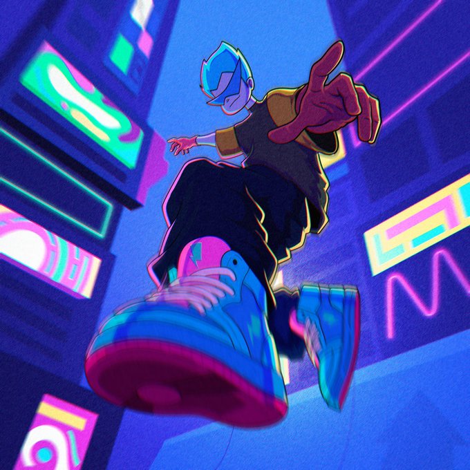 Stylized animated illustration of a blue-haired character in sneakers leaping through a neon-lit cyberpunk cityscape.