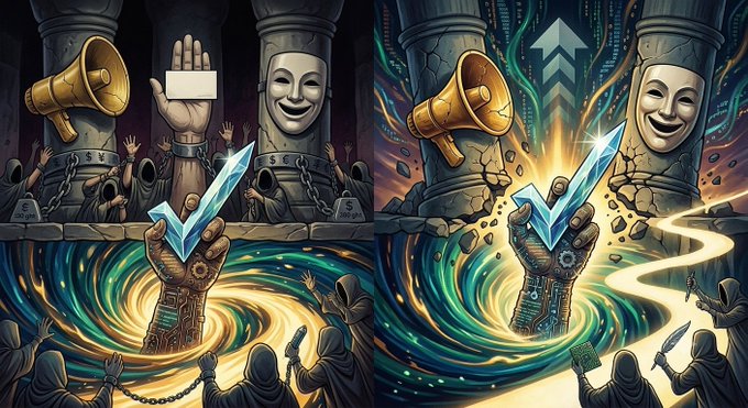A surreal illustration of a mechanical hand emerging from a swirling vortex, holding glowing blue checkmarks, with masked figures and a megaphone in the background.