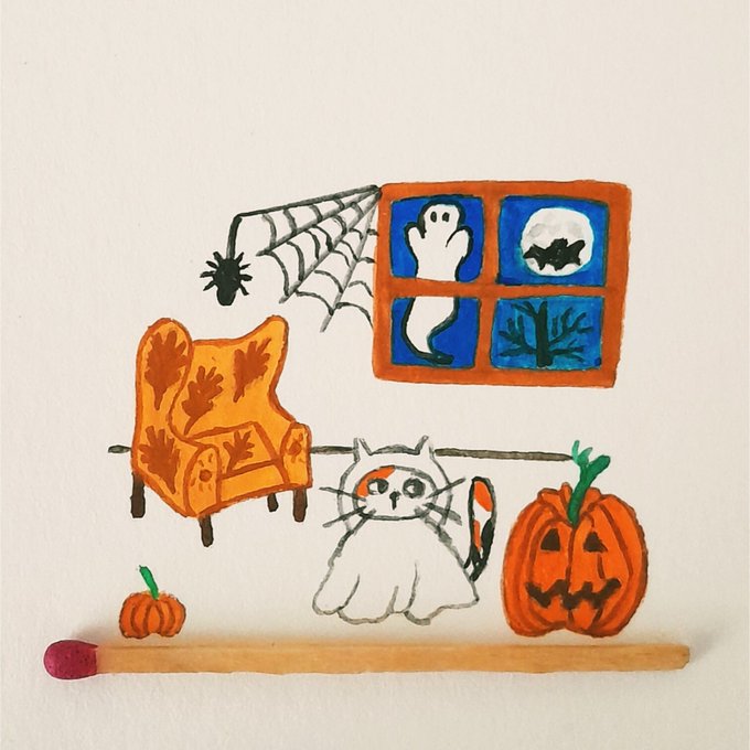 A Halloween-themed illustration shows a white ghost cat, a jack-o'-lantern, an orange armchair, a spider web, and a window with a ghost.