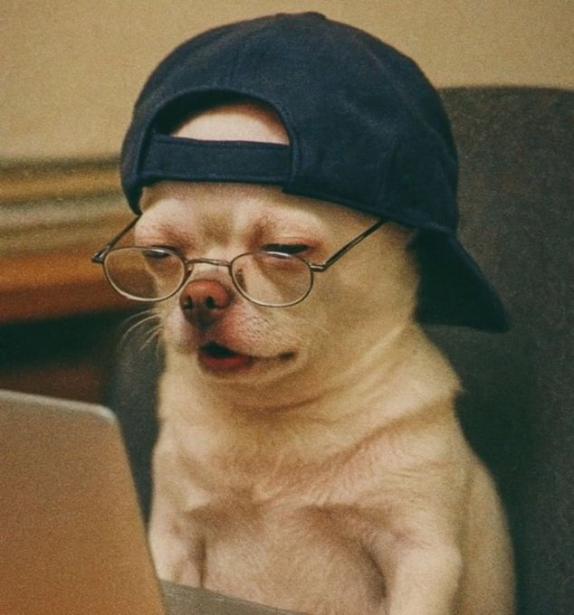 A small Chihuahua wearing a backward black cap and round glasses has a skeptical, squinting expression as it stares at a laptop screen. The image relates to the post by humorously illustrating the suspicion and disbelief of someone questioning whether mutual reposts actually boost engagement or are just a performative group activity.