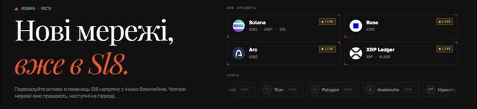 A dark-themed promotional banner for Sl8 announces new networks in Ukrainian ("Нові мережі, вже в Sl8"), highlighting live support for Solana, Base, Arc, and XRP Ledger with their respective USDC, USDT, SOL, XRP, and RLUSD tokens, aligning with the post's description of Sl8's multi-chain staking options.