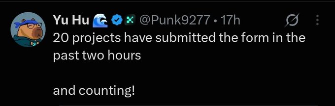 A tweet from Yu Hu (@Punk9277) reads, "20 projects have submitted the form in the past two hours and counting!" The image illustrates the post's surprise at the unexpectedly high volume of project submissions for a Kaito campaign, contradicting the notion that web3 projects have shut down.
