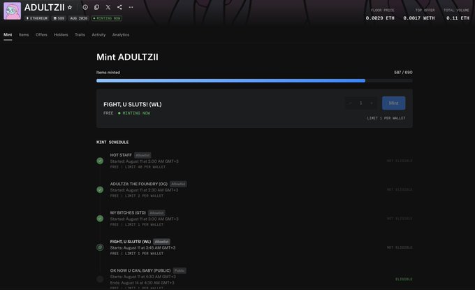 A screenshot of an NFT minting page titled "Mint ADULTZII" showing "FIGHT, U SLUTS! (W1)" priced at "FREE + MINTING NOW" with a mint schedule listing various phases.