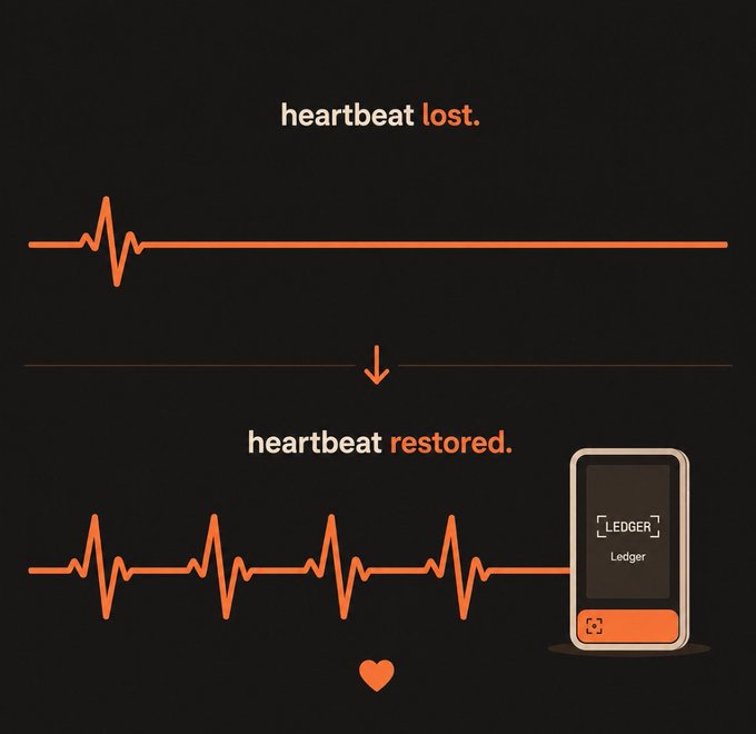 Ledger crypto wallet ad showing 'heartbeat lost' to 'heartbeat restored' with a flatline turning into a heartbeat.