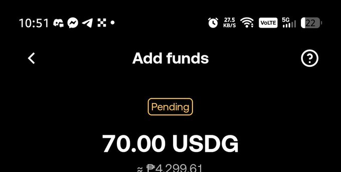 A mobile screenshot showing an 'Add funds' page with a pending transaction of 70.00 USDG, approximately ₱4,299.61, displayed on a black background.