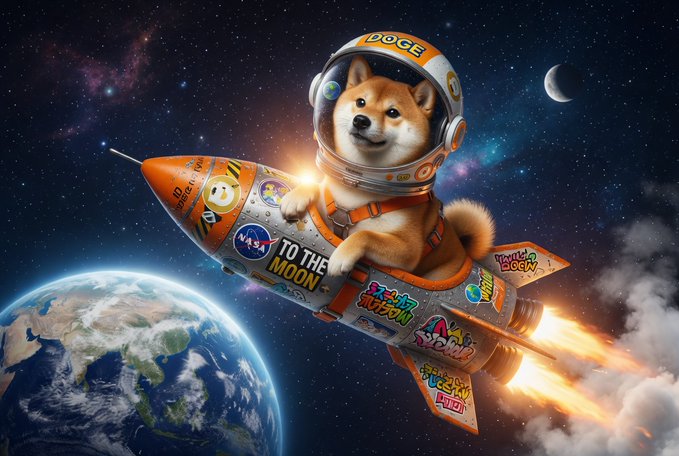 The Shiba Inu, famously associated with the Dogecoin cryptocurrency, dons a space suit and helmet marked "DOGE" while riding a rocket labeled "TO THE MOON" past Earth—visually capturing the meme-inspired aspiration of DOGECOIN soaring to unprecedented heights.