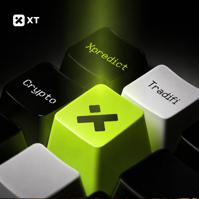 A close-up of keyboard keys featuring "Crypto," "Xpredict," and "Tradifi" labels, with the central "X" key illuminated in bright green, visually representing XT's unification of trading and prediction markets. The "XT" logo appears in the top corner, reinforcing the brand's all-in-one platform concept.
