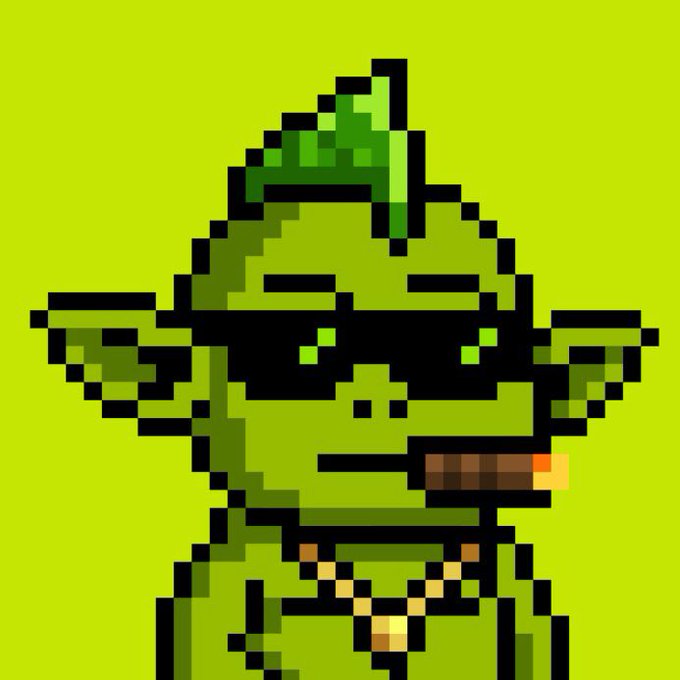 Pixel art of a green, goblin-like character with pointed ears, wearing sunglasses and a beaded necklace, with a cigarette in its mouth against a green background.