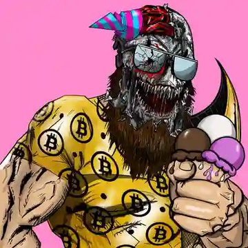 A stylized cartoon illustration of a bearded, sunglasses-wearing zombie-like character wearing a yellow Bitcoin-patterned shirt and holding an ice cream cone against a pink background.
