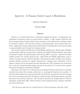 An academic abstract titled 'Injective: A Finance-Native Layer-1 Blockchain' from Injective Research, dated October 2026, describing a proof-of-stake Layer-1 blockchain for finance with cross-chain bridging and order book features.