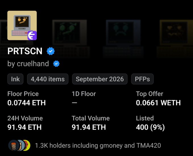 The image shows a NFT collection called "PRTSCN" by cruelhand, consisting of 4,440 ink-based PFPs with a floor price of 0.0744 ETH and a top offer of 0.0661 WETH, held by 1.3K holders including gmoney and TMA420. This appears to be the "free gift" airdrop referenced in the post, suggesting that Quotron holders received these PRTSCN NFTs as a promotional drop, sparking speculation about potential future utility or value.