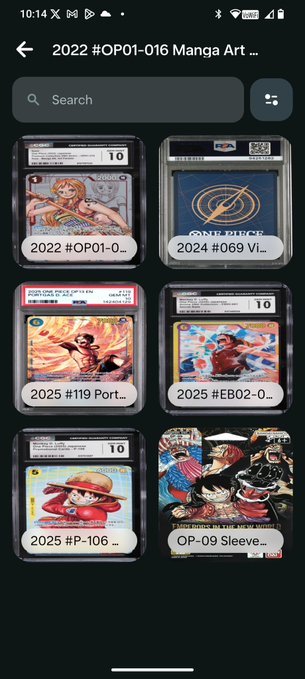 Mobile app screen displaying a collection of graded manga cards including One Piece cards (2022 #OP01-016, 2024 #069, 2025 #119, 2025 #EB02, 2025 #OP-106, OP-09).