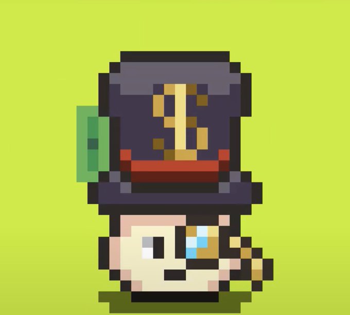 A pixel art illustration shows a character wearing a large dark top hat with a skull emblem, featuring a green feather and a small face with blue eyes peering out below.