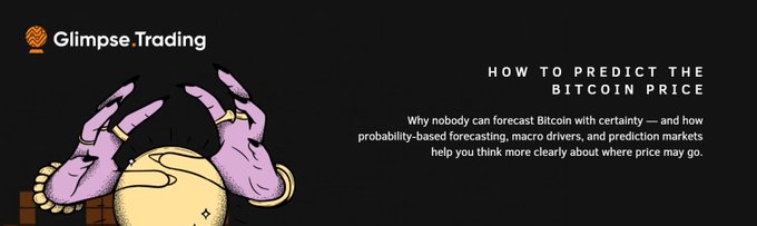 A Glimpse.Trading banner titled 'HOW TO PREDICT THE BITCOIN PRICE' explaining that probability-based forecasting helps think more clearly about price movements, illustrated with a fortune teller's hands over a crystal ball.
