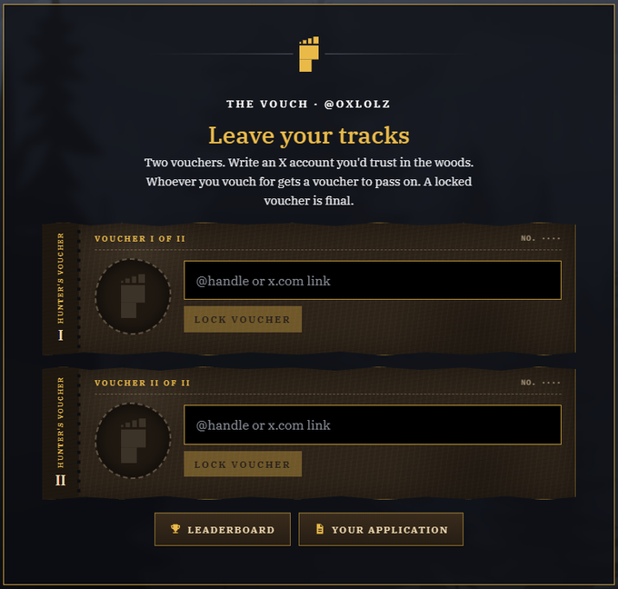 A dark themed webpage for 'THE VOUCH - @0xLOLZ' titled 'Leave your tracks' with two voucher slots to input handles or x.com links.