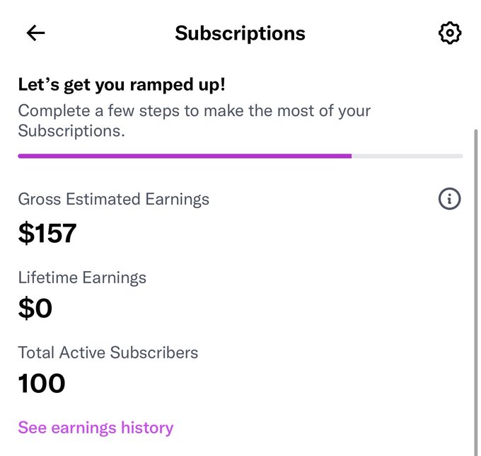 A Subscriptions dashboard showing $157 in Gross Estimated Earnings, $0 in Lifetime Earnings, and 100 Total Active Subscribers, celebrating the milestone of reaching 100 subscribers while jokingly asking others not to subscribe.