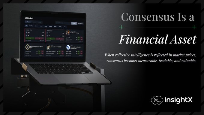 A laptop on a stand displays the InsightX "All Market" dashboard featuring sports event cards, positioned beside the text "Consensus Is a Financial Asset" with the tagline "When collective intelligence is reflected in market prices, consensus becomes measurable, tradable, and valuable." The image reinforces the post's message by visualizing InsightX as the platform that transforms collective market intelligence into tradable insights.