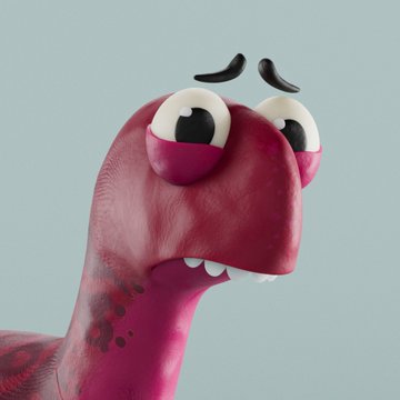 A 3D rendered red alien-like creature with a long neck, large googly eyes, and two small black eyebrows looking upward with a worried or sad expression.