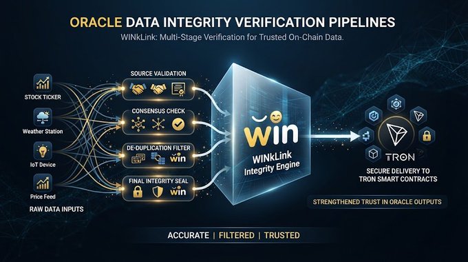 An infographic titled 'Oracle Data Integrity Verification Pipelines' illustrating how WINkLink's multi-stage verification processes raw data inputs (stock ticker, weather, IoT, price feed) into secure delivery to Tron smart contracts.