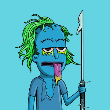 A cartoon illustration of a blue zombie character with green dreadlocks, bloodshot eyes, and a long tongue hanging out, holding a spear.
