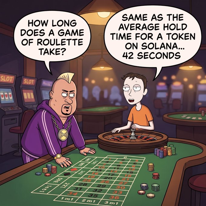 Two cartoon characters at a casino roulette table joke that a game of roulette takes "about 42 seconds," which is the same as the average hold time for a token on Solana blockchain—poking fun at how quickly meme tokens on Solana appear and disappear.