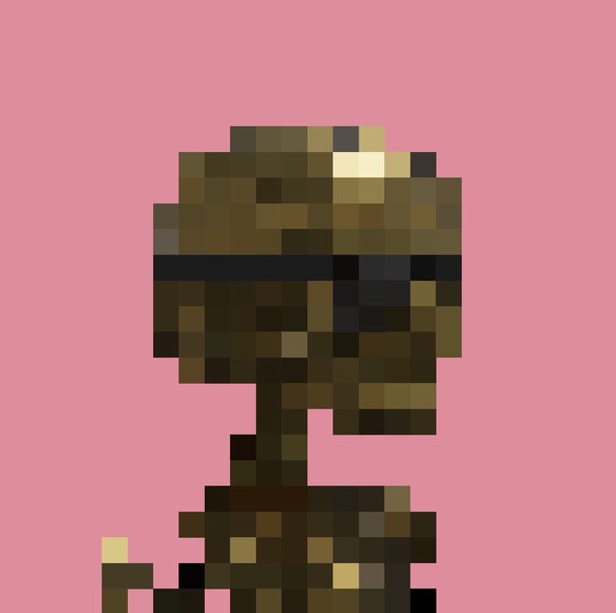A pixel art character with a dark helmet/head and red eye, set against a pink background, resembling a sci-fi or gaming aesthetic.