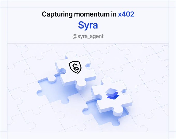 A promotional graphic titled "Capturing momentum in x402" featuring "Syra" (@syra_agent), displayed over an image of puzzle pieces with one highlighting a shield icon and another showing a layered/stacking symbol—visually representing Syra's role as an ecosystem partner with modular, interconnected agent tools.