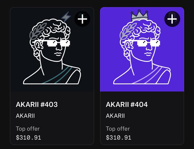 Two NFT-style profile card illustrations labeled 'AKARII #403' (black) and 'AKARII #404' (purple with crown), depicting a Roman-style bust with pixelated sunglasses, each with a top offer of $310.91.