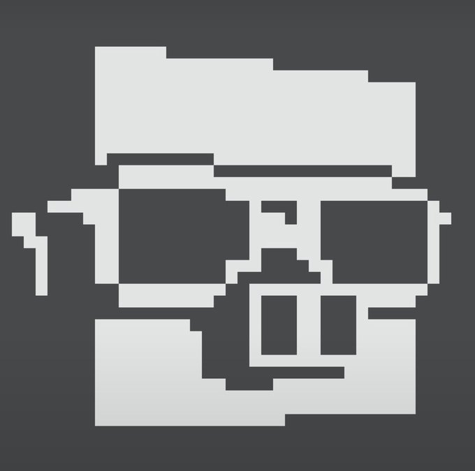 A minimalist pixel-art style graphic in shades of gray, resembling an abstract face or character wearing glasses.