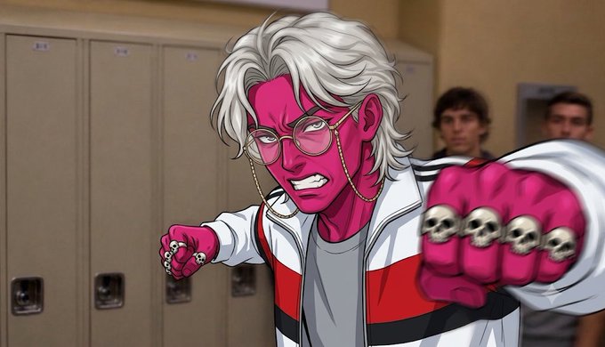 An animated comic-style character with magenta skin, white hair, glasses with a chain, and skull-knuckle rings throws a punch in a school hallway with lockers and onlookers in the background.