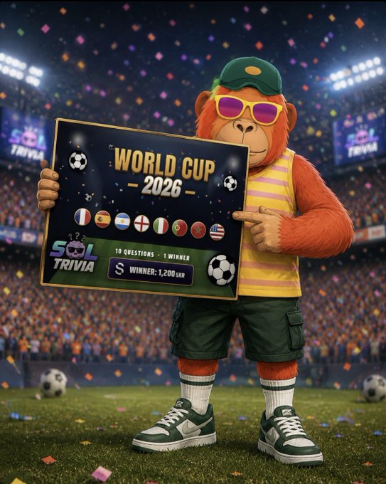 A cheerful bear mascot in sunglasses, a cap, and casual attire stands on a stadium pitch holding a "World Cup 2026" sign featuring 10 participating country flags, promoting a "Sol Trivia" game with a 1,200 $SKR prize for one winner out of 10 questions, matching the post's call to action to play football trivia at soltrivia.app.