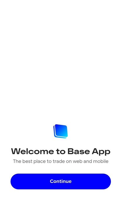 A welcome screen for the Base App displays the text "Welcome to Base App" with the tagline "The best place to trade on web and mobile," accompanied by a blue logo and a prominent blue "Continue" button. The image reflects the post's announcement about Base App launching on desktop, showing the initial entry point users encounter when accessing base.app.
