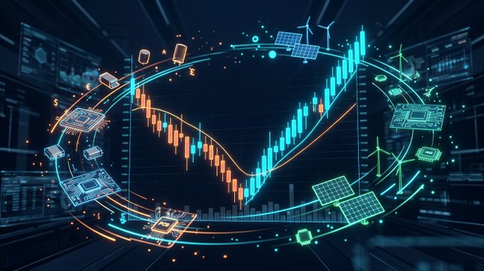 A futuristic digital illustration displays a glowing candlestick chart showing a sharp V-shaped decline and recovery pattern, surrounded by floating tech icons like solar panels, wind turbines, CPUs, and microchips against a dark blue background with faint data panels.

The image visually echoes the post's sentiment of market turbulence and gradual recovery ("回血")—the V-shaped chart mirrors the "震荡磨底" (grinding bottom) phase described from the 0721 high to the current 3741 level, while the surrounding renewable energy and semiconductor icons suggest themes of emerging sector growth amid the sideways correction.