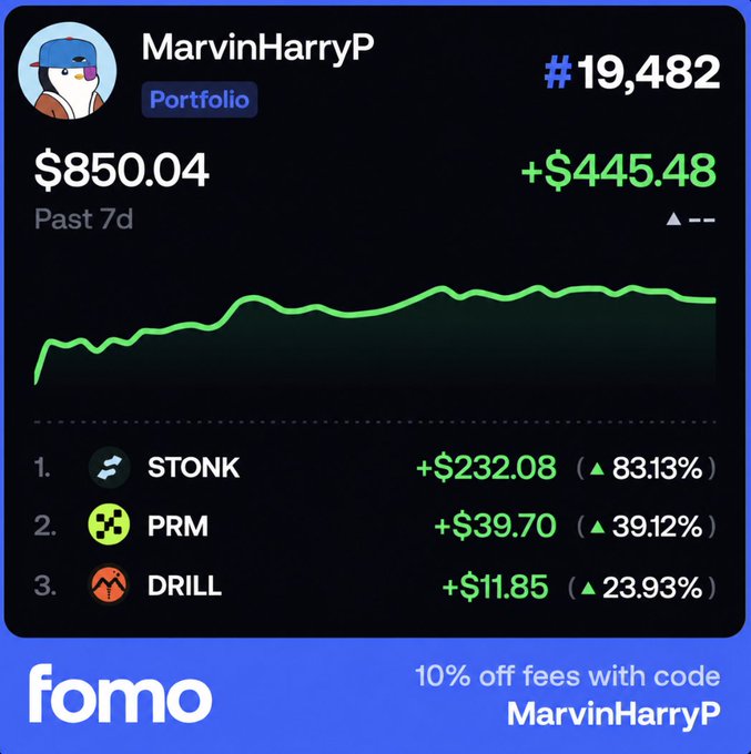 A Fomo app screenshot showing a portfolio for user 'MarvinHarryP' ranked #19,482 with a value of $850.04 (+$445.48 past 7d), featuring top holdings: STONK (+$232.08, 83.13%), PRM (+$39.70, 39.12%), and DRILL (+$11.85, 23.93%), with a promo code 'MarvinHarryP' for 10% off fees.