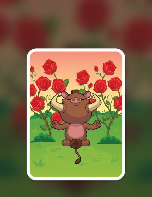 An illustration of a cartoon bull with a mustache meditating in a yoga lotus pose surrounded by red roses.