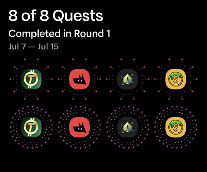 A black graphic displays "8 of 8 Quests Completed in Round 1" from Jul 7 — Jul 15, featuring two rows of four app icons (Tether, a red crown logo, a geometric icon, and a dollar sign coin), with the bottom row highlighted by purple dotted rings to signify completion. The image illustrates a participant's progress in the Seeker Summer airdrop campaign, showing they successfully completed all tasks in the first round of the 32-quest challenge.