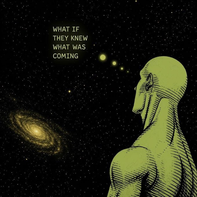 A green-toned illustration shows a bald, humanoid figure gazing out into a starry cosmos toward a glowing spiral galaxy, with the text "WHAT IF THEY KNEW WHAT WAS COMING" displayed in the upper left. The image serves as the creator's "What If" brand mascot, tied to the launch of their "What If" tokens on Solana memecoin platforms like Noxa and Pons.
