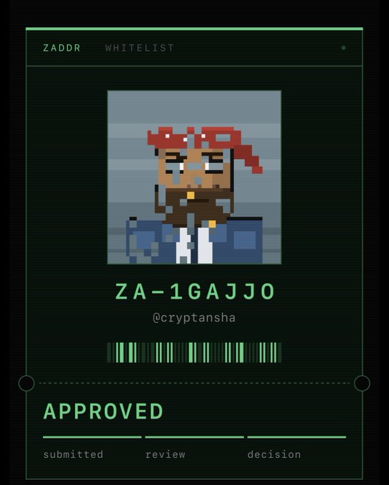 A digital 'ZADDR WHITELIST' card featuring a pixel art portrait, the handle '@cryptansha', the code 'ZA-1GAJJ0', and the status 'APPROVED'.