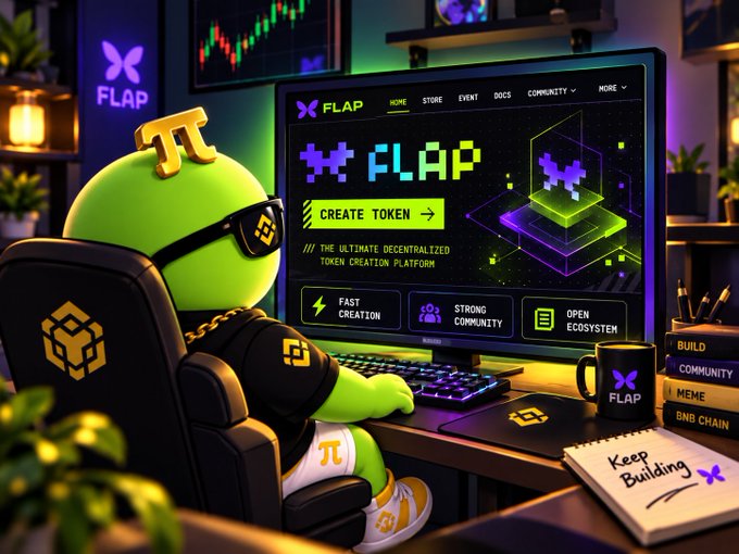 A 3D-rendered green mascot with sunglasses sits at a computer displaying the 'FLAP' website, described as 'THE ULTIMATE DECENTRALIZED TOKEN CREATION PLATFORM', with a notebook reading 'Keep Building' on the desk.