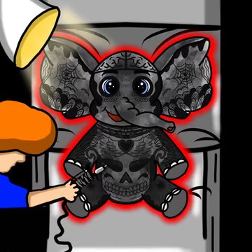 A cartoon illustration of a person shining a spotlight on a gray, stitched-up elephant doll with multiple limbs, adorned with tattoos and a spiked collar, outlined in red.