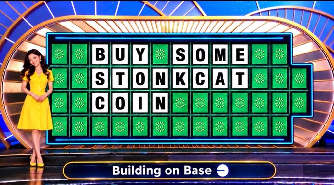 A Wheel of Fortune-style game board image reading "BUY SOME STONKCAT COIN" with a woman in a yellow dress on the left and "Building on Base" with the Base logo at the bottom.